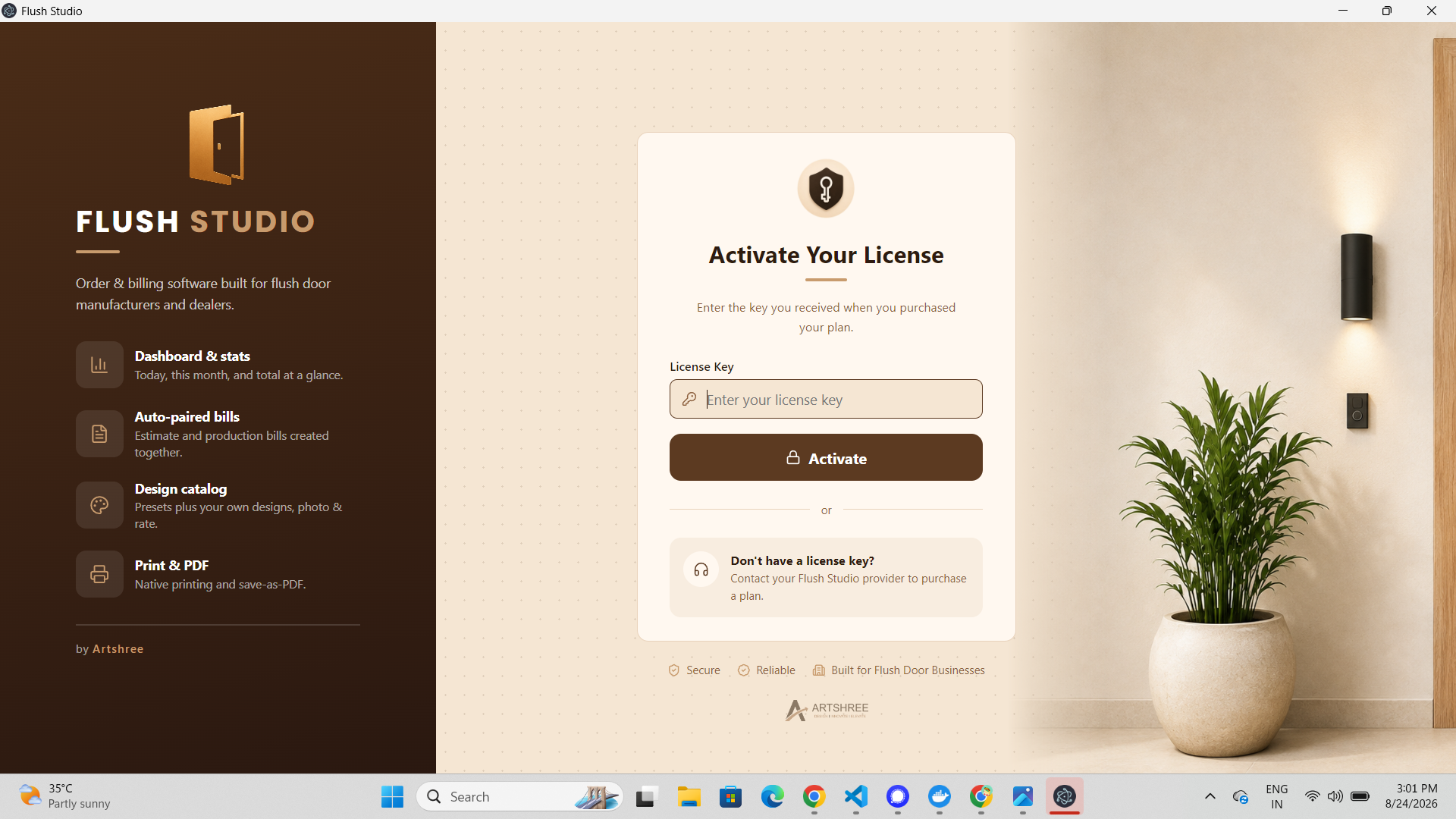 Flush Studio app license activation screen